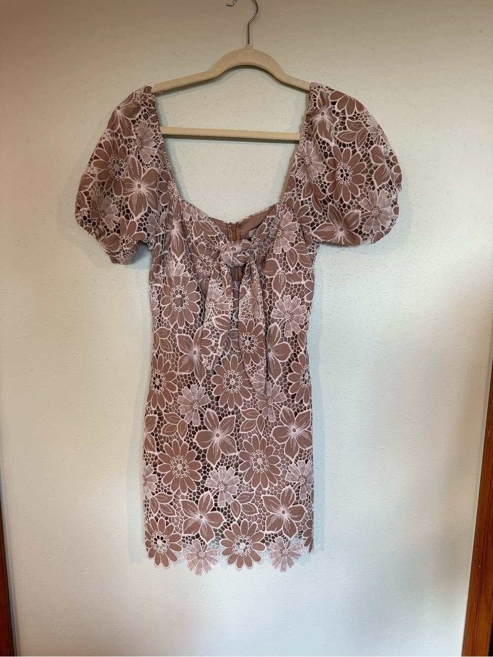 Floral Lace Puff-Sleeve Mini Dress in Beige